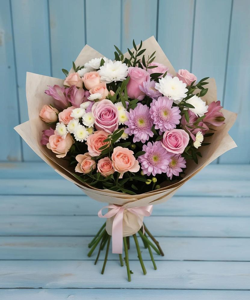 Букет цветов из: Хризантемы, Розы и Альстромерии в Суворовской