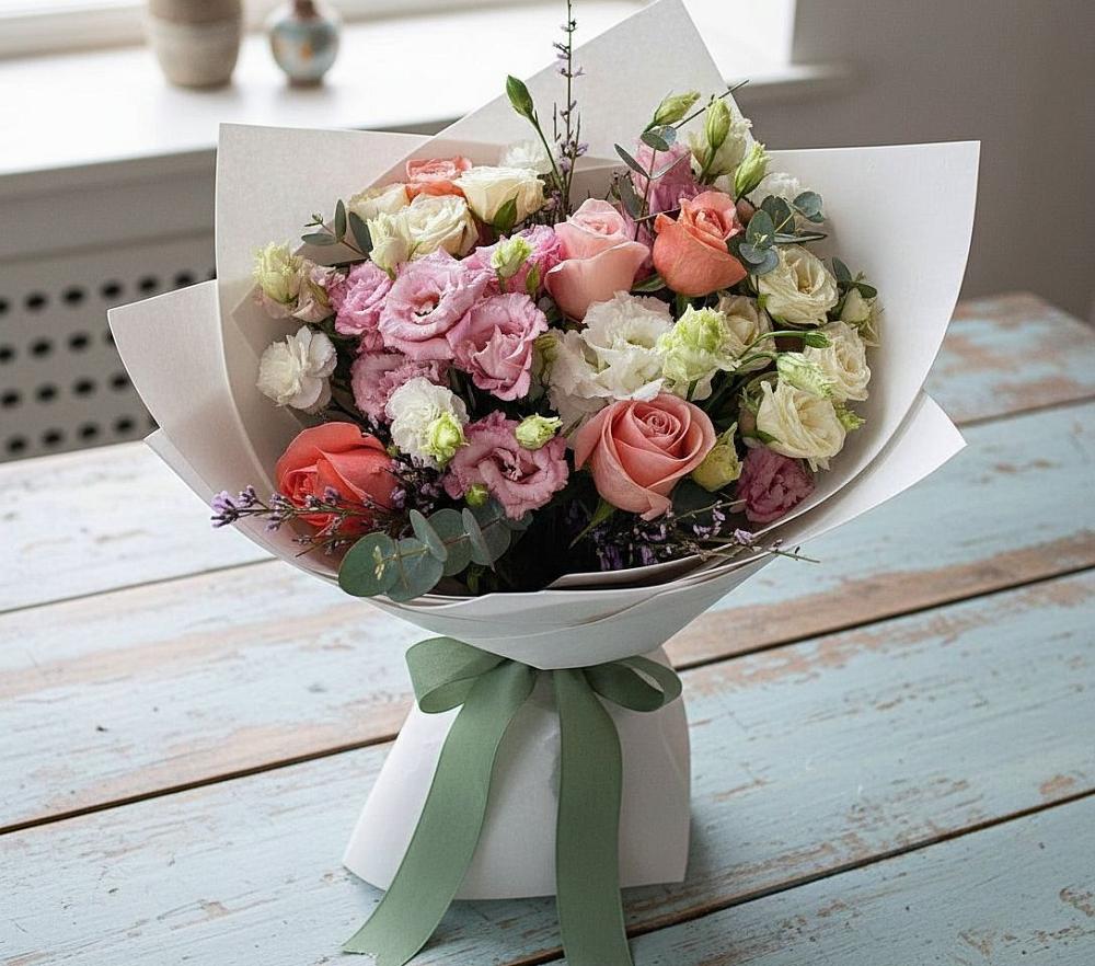 Букет цветов из: Розы, Лизиантусы и Гвоздики в Суворовской