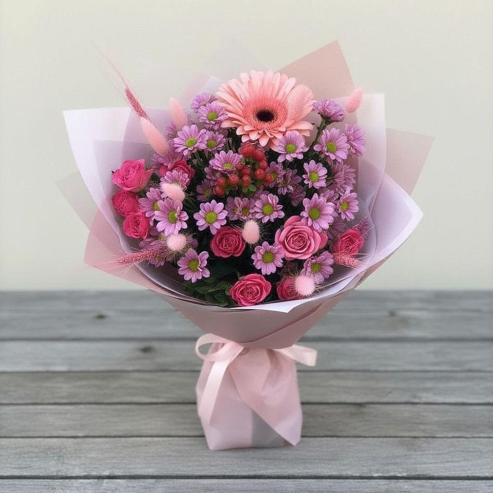 Букет цветов из: Розы, Герберы и Хризантемы в Суворовской