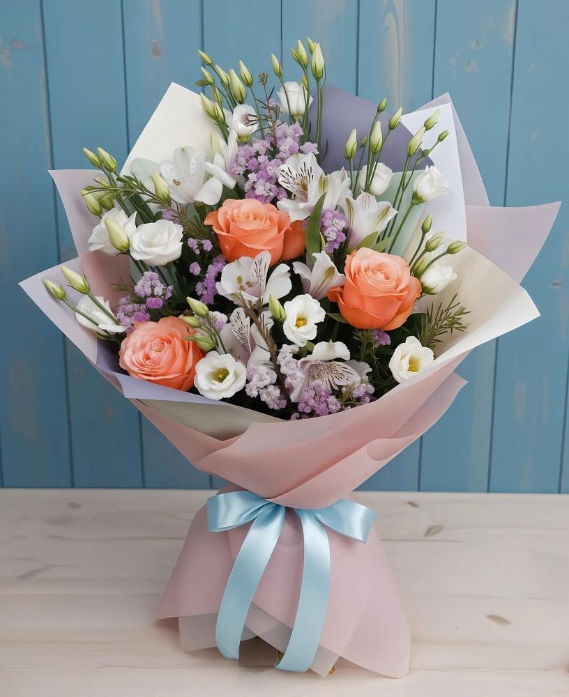 Букет цветов из: Лизиантусы, Розы, Альстромерии и Гипсофила в Суворовской
