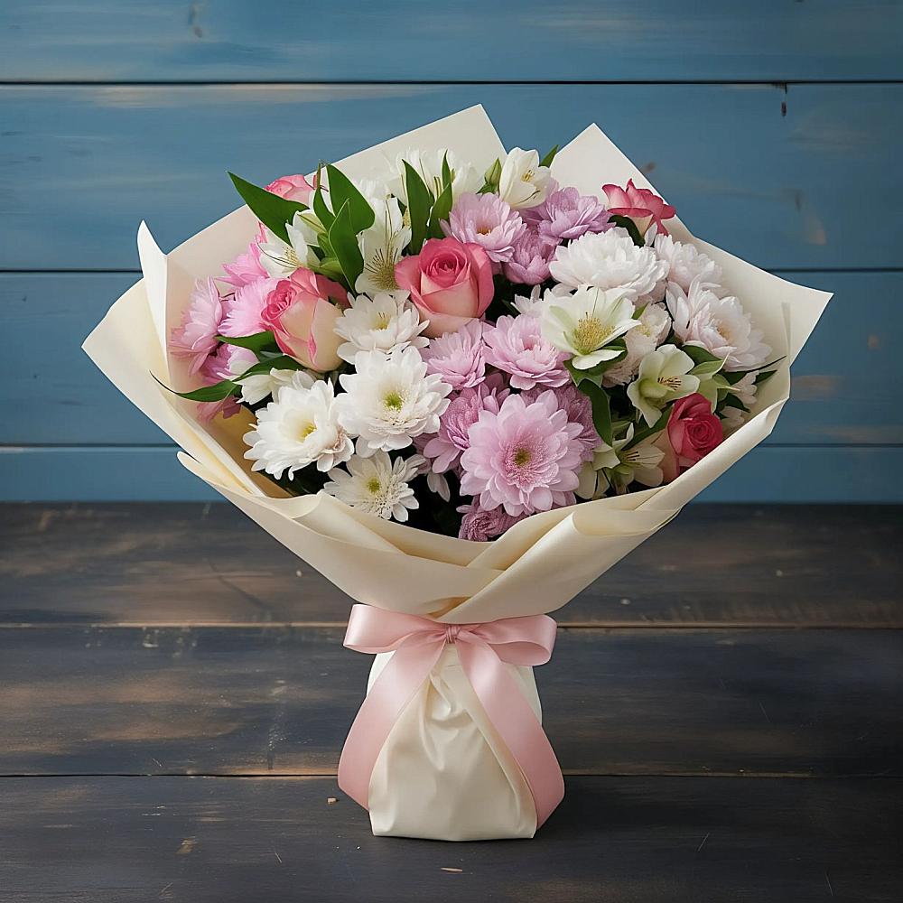 Букет цветов из: Хризантемы, Альстромерии и Розы в Суворовской